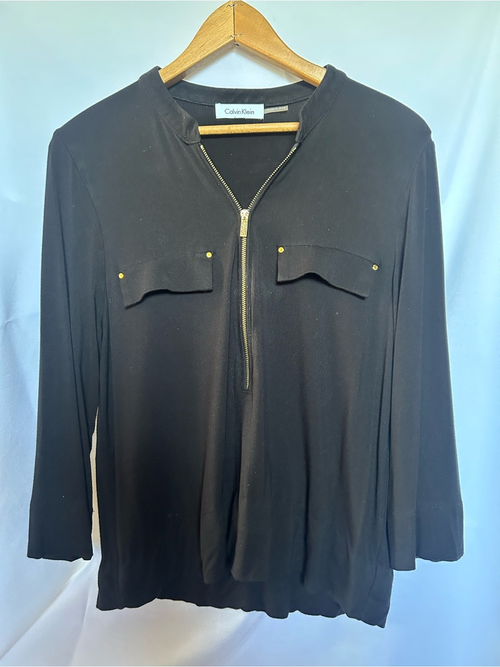 Calvin Klein Black Long Sleeve Zip Front Top with Chest Flaps